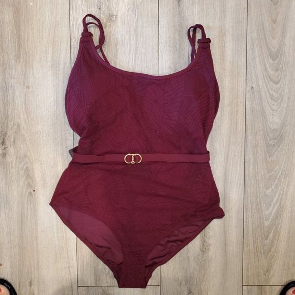 Jessika Allen  Sz 10 Burgundy Tank Belted swimsuit - Picture 3 of 7